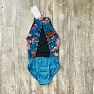 NWT Ballet Rosa (like Elevé) blue floral mesh mock neck ballet leotard
